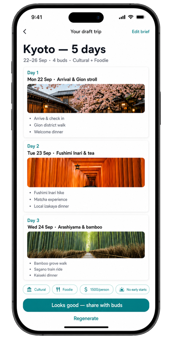 Tripbuds AI-generated trip draft