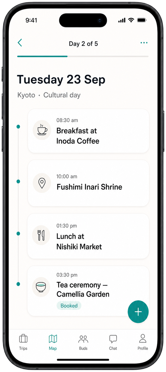 Tripbuds day view showing itinerary, map and Buds