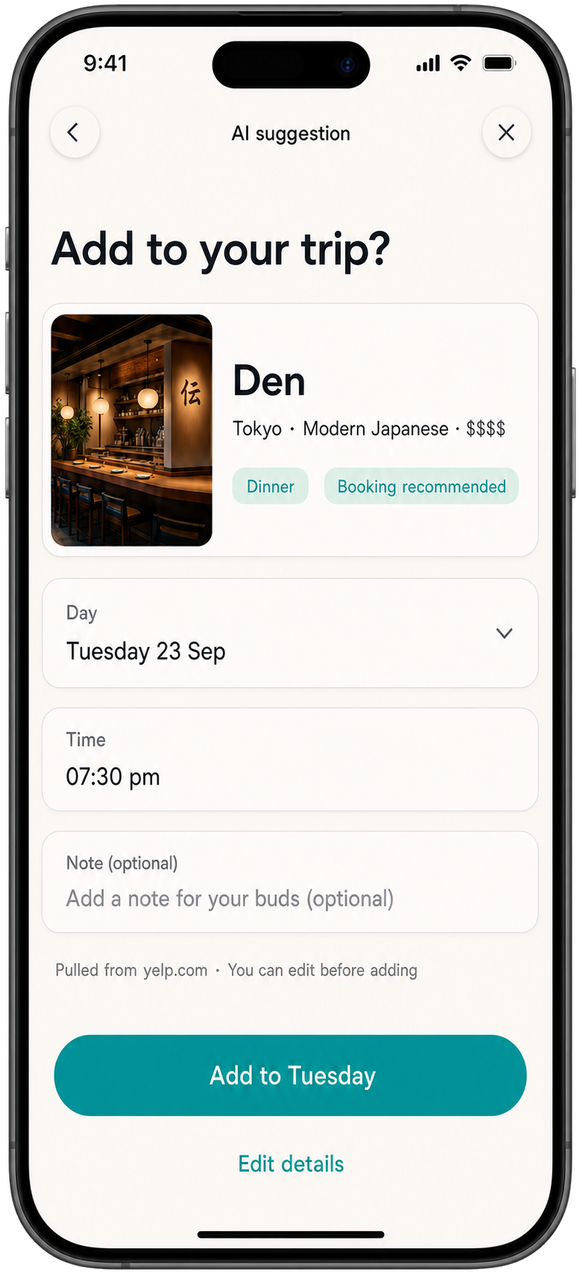 Tripbuds extracting a restaurant from a shared link