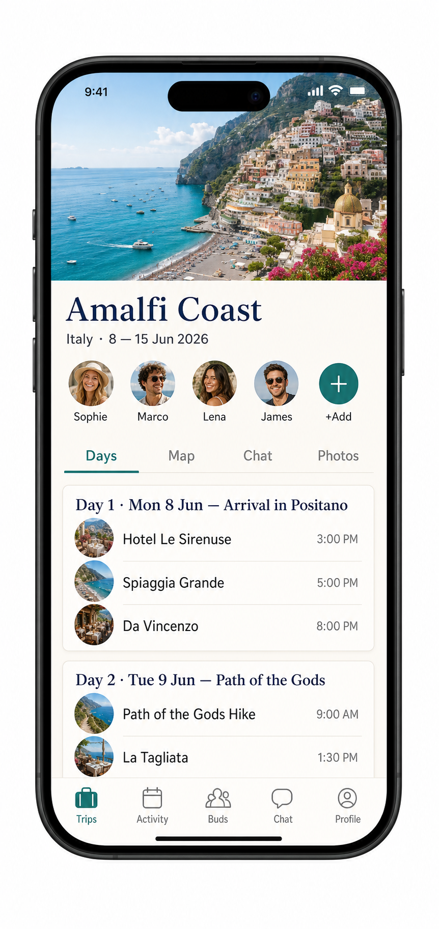 Tripbuds trip detail page with cover photo, dates, members and day list