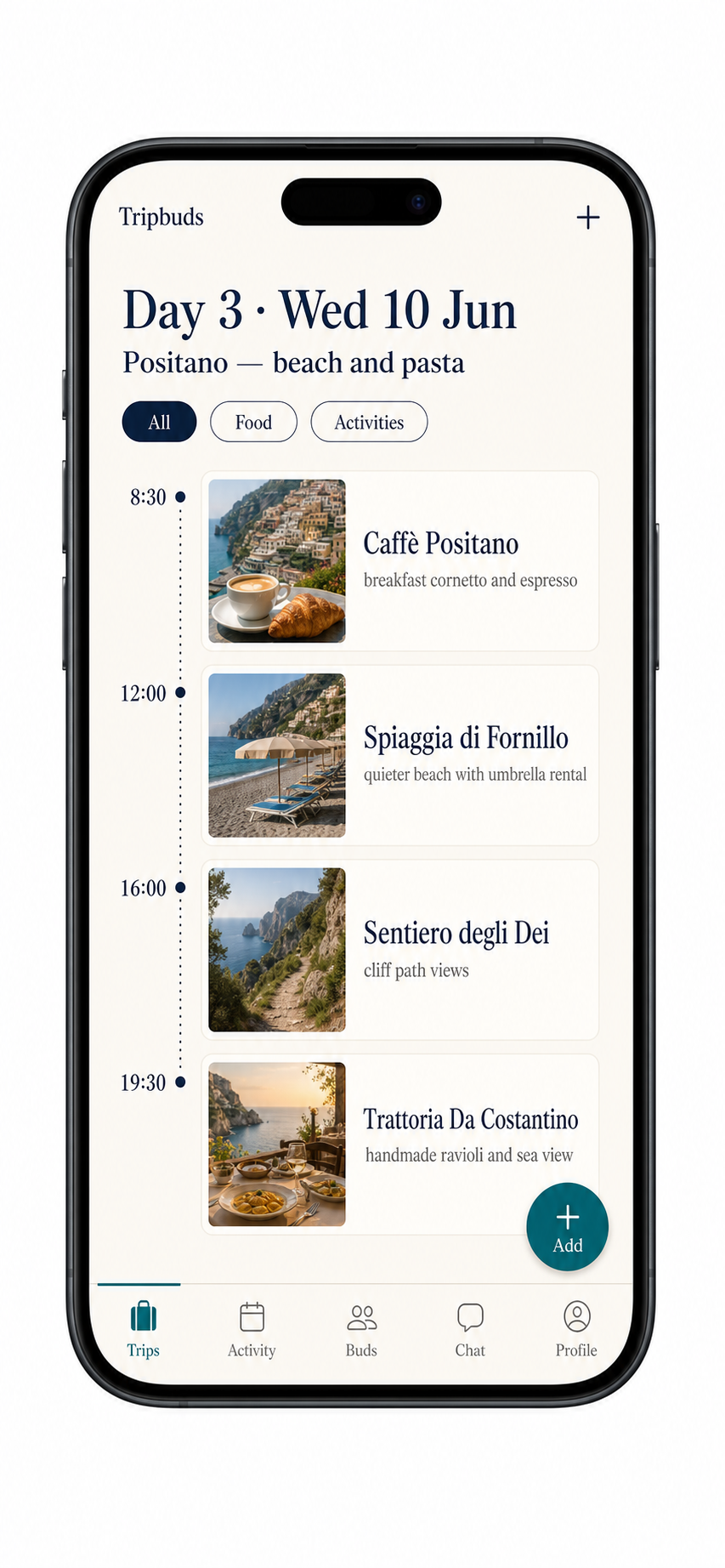 Tripbuds day view showing breakfast, beach and dinner places on a timeline