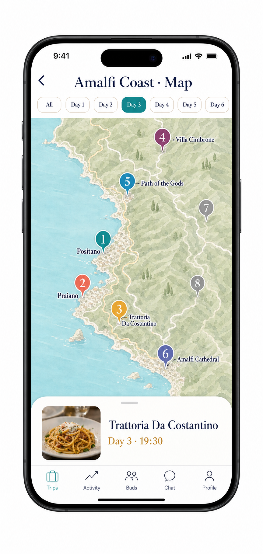 Tripbuds Amalfi Coast trip map with numbered colour-coded pins per day