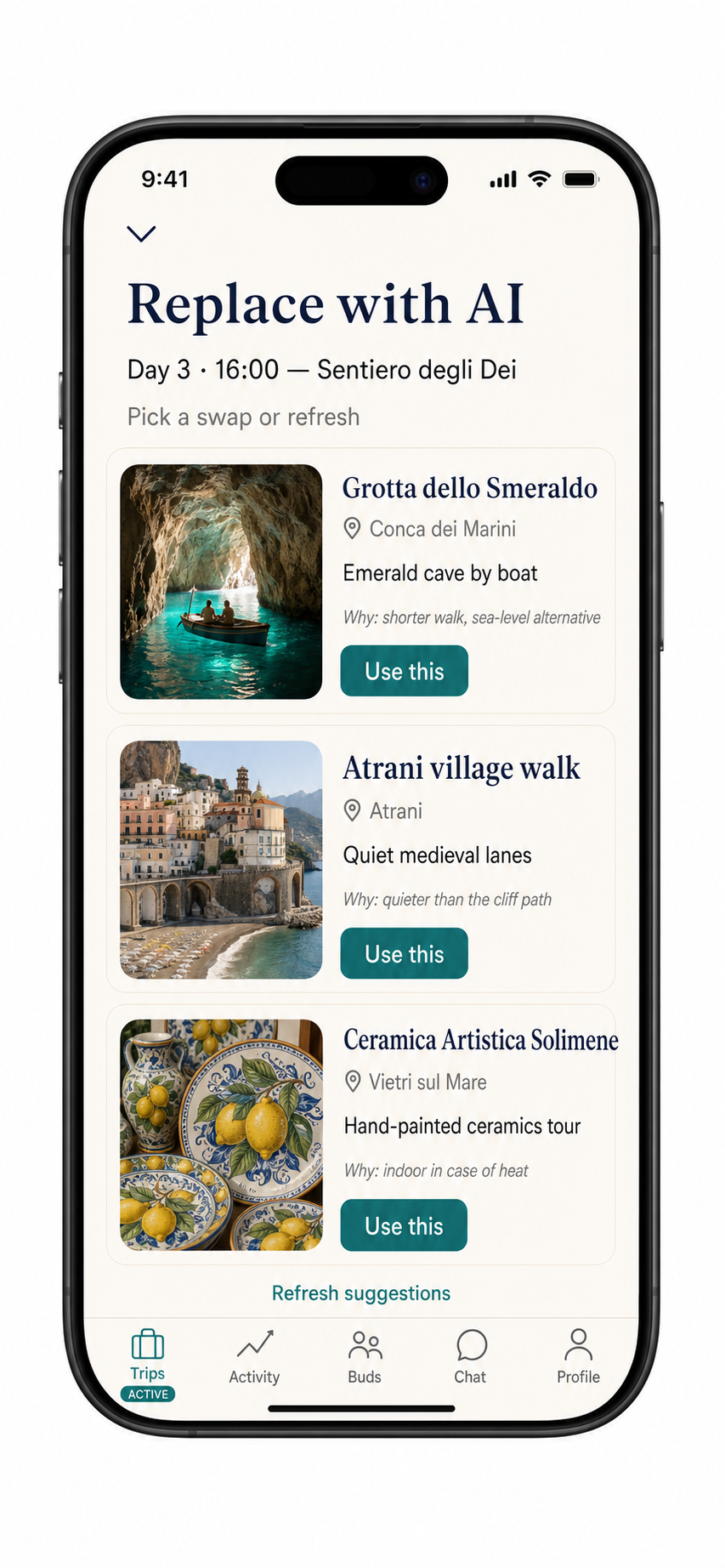 Tripbuds Replace with AI screen showing three alternative place cards