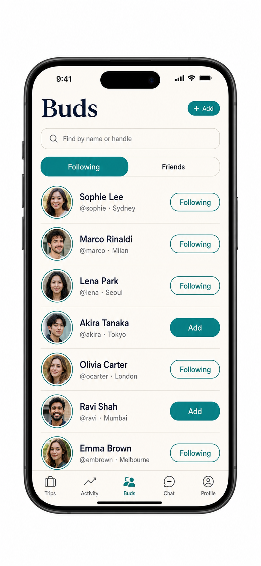 Tripbuds Buds tab with friends list